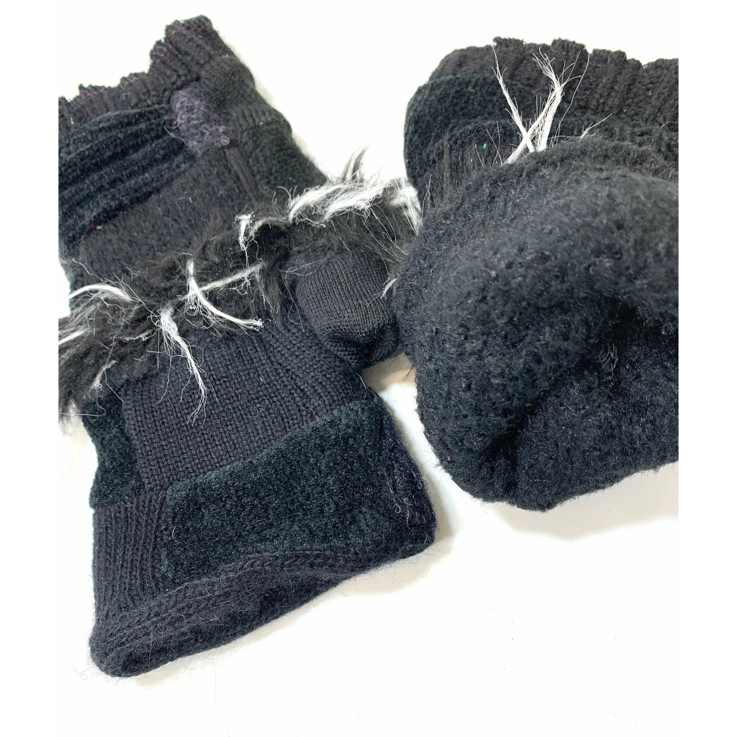 Up cycled Repurposed Recycled sweater texting Patchwork fingerless gloves in in black with fake fur. FREE Shipping