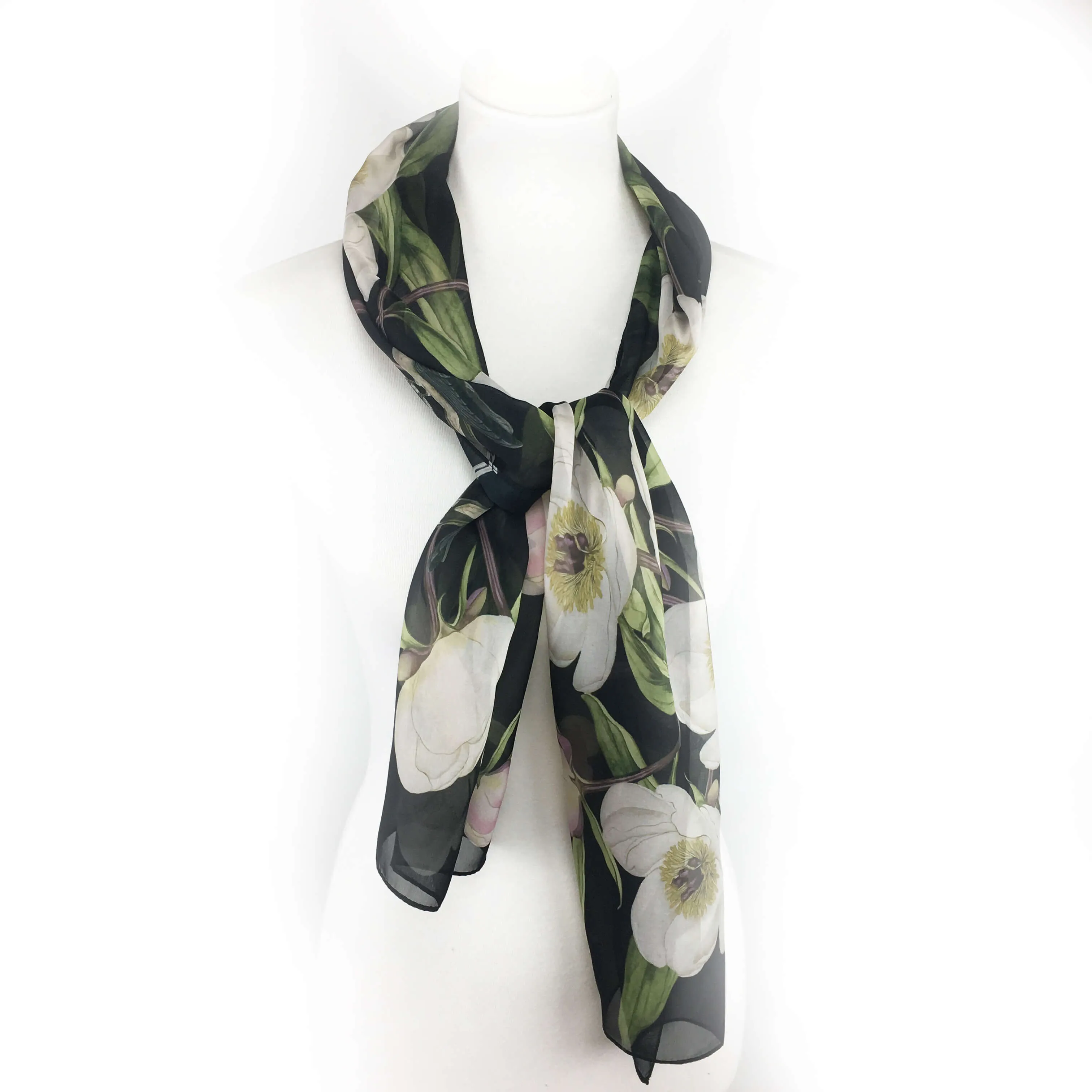 White Peonies and Hummingbirds Chiffon Scarf on Black