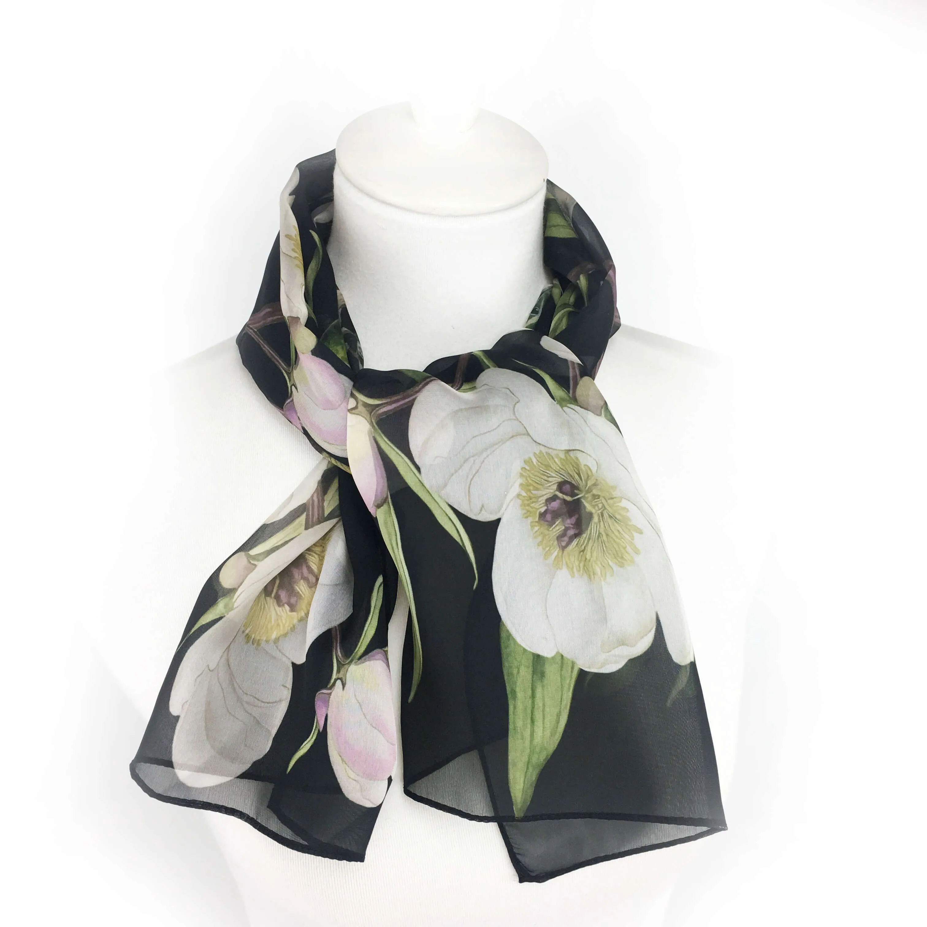 White Peonies and Hummingbirds Chiffon Scarf on Black