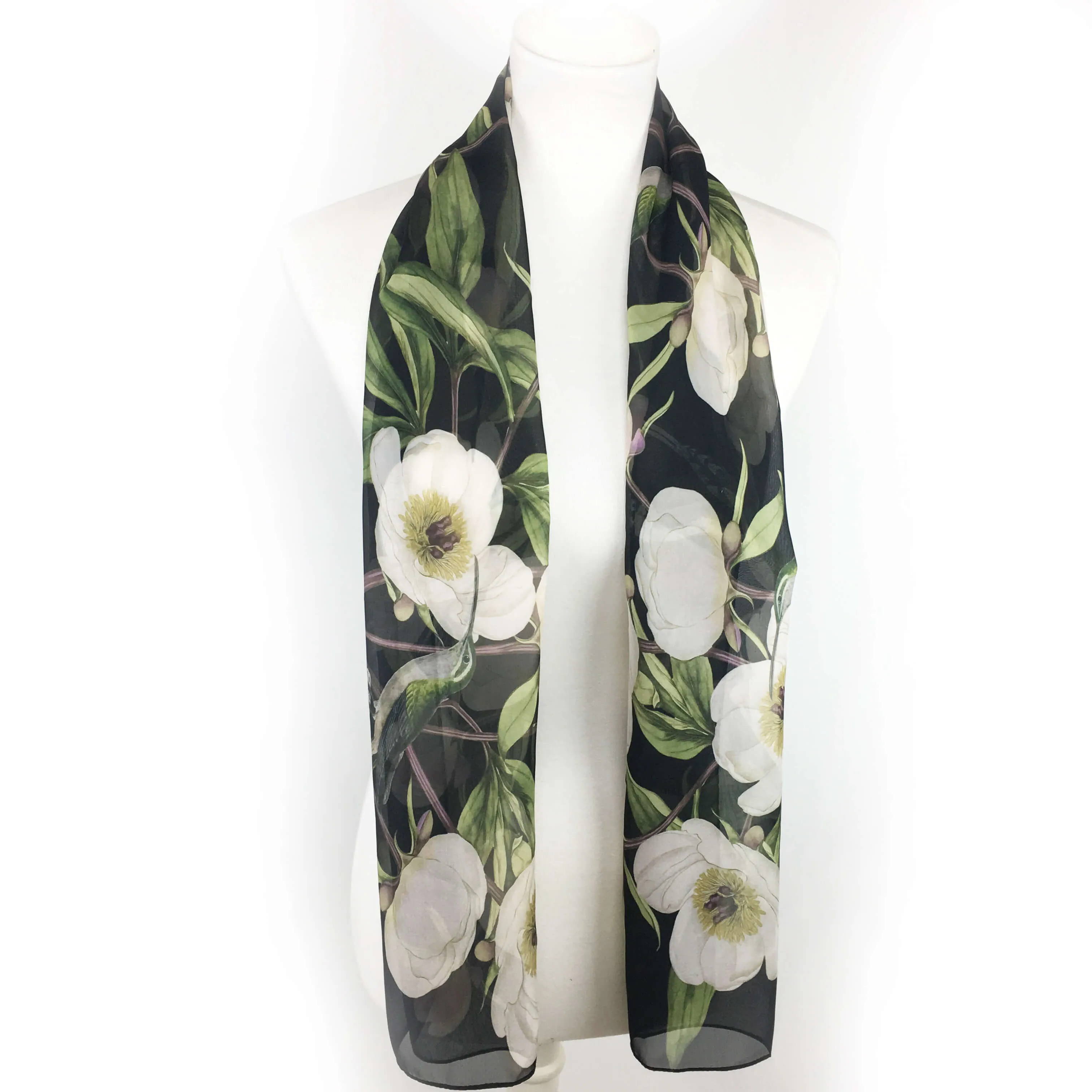 White Peonies and Hummingbirds Chiffon Scarf on Black