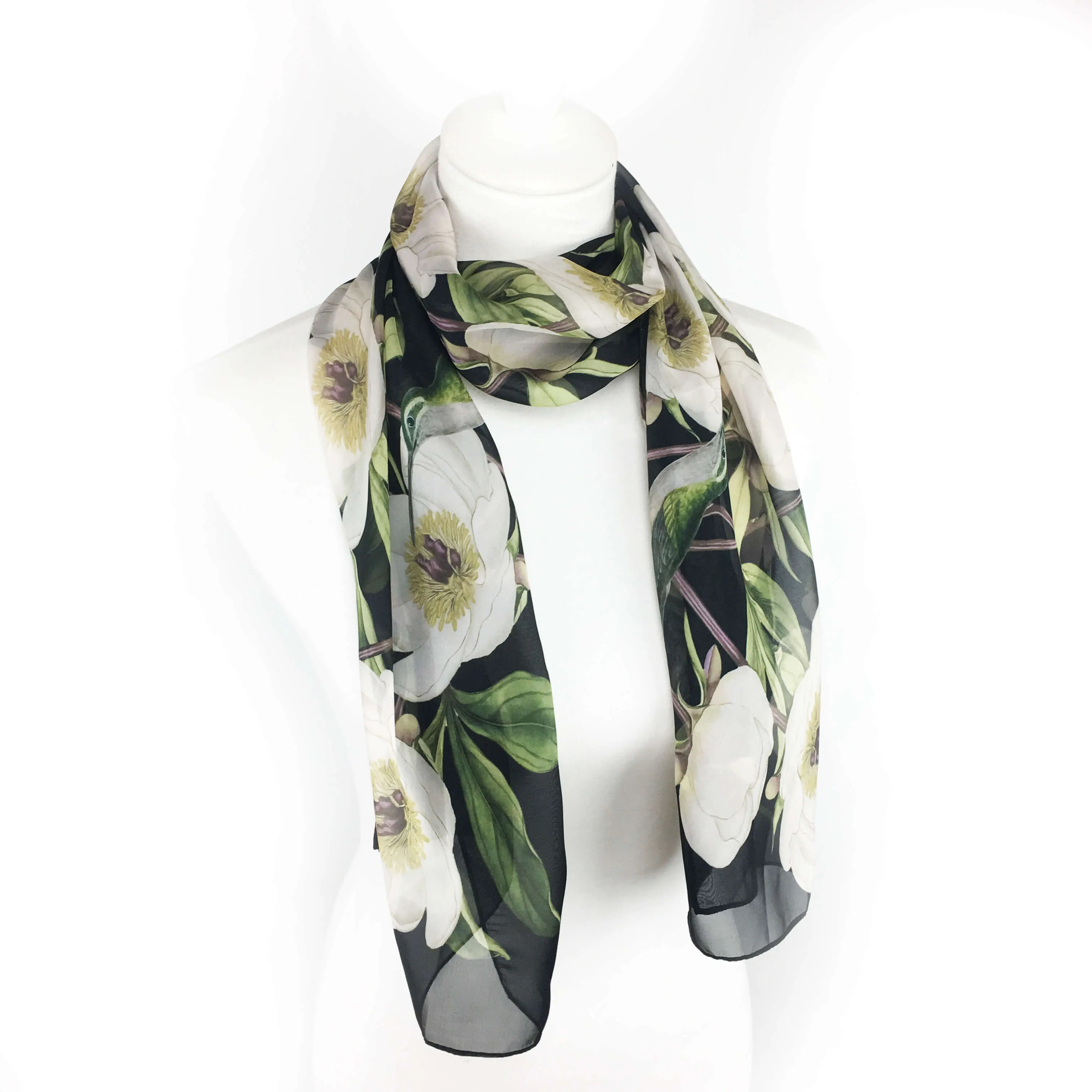 White Peonies and Hummingbirds Chiffon Scarf on Black