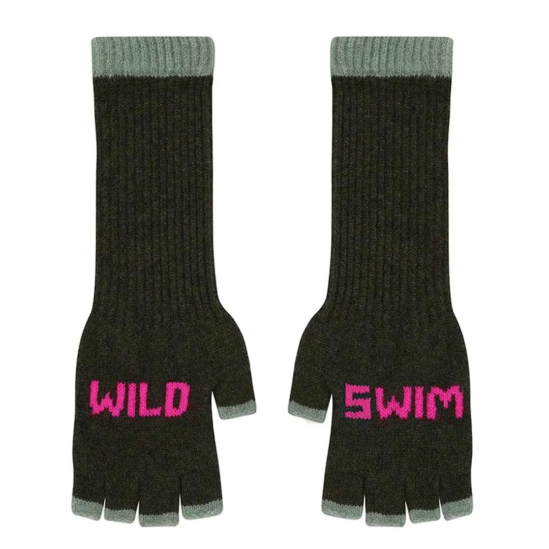 Wild Swim Fingerless Gloves in Seaweed with Neon Pink & Mojito